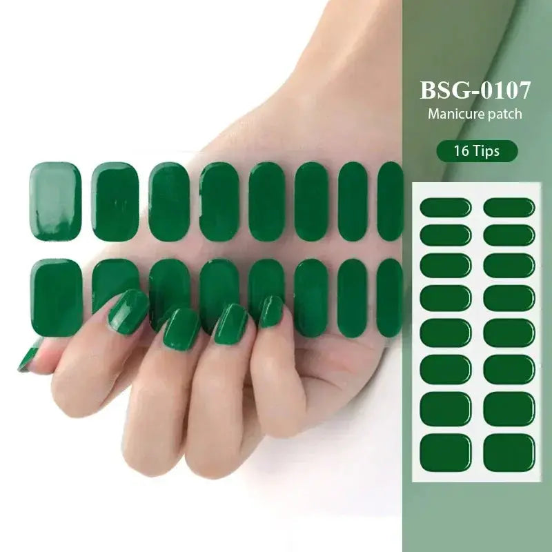 Gel nail wrap set by Simples Market, green 16-tip semi-cured wraps for full-coverage manicure, waterproof