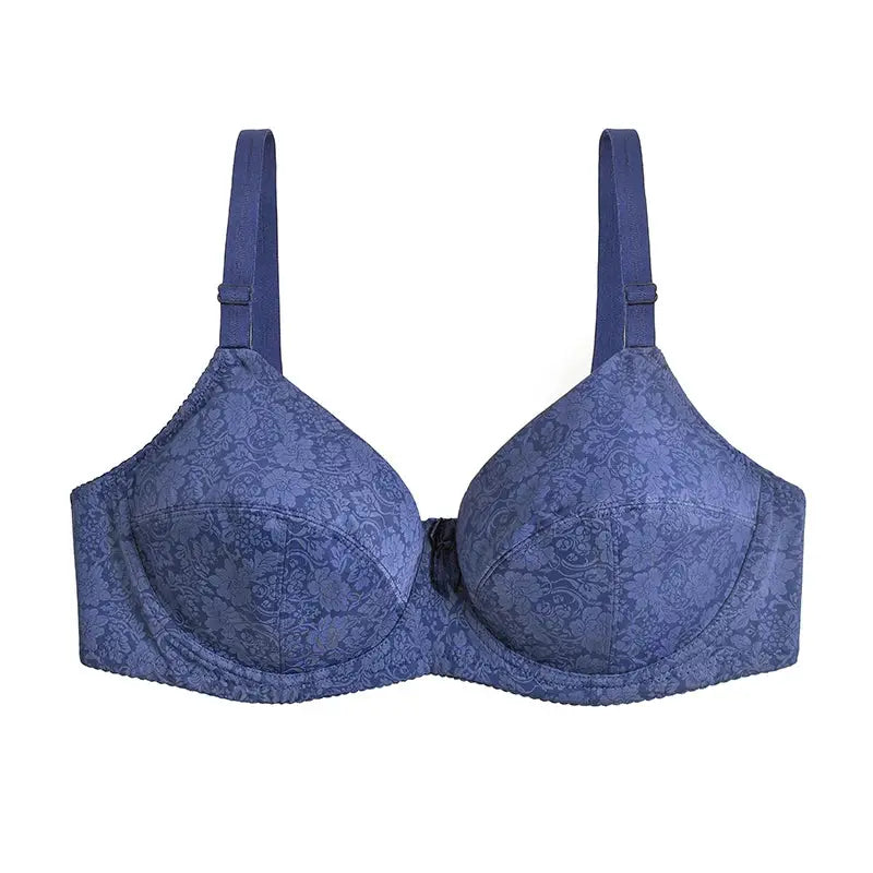 Blue floral lace bra with adjustable straps and center bow