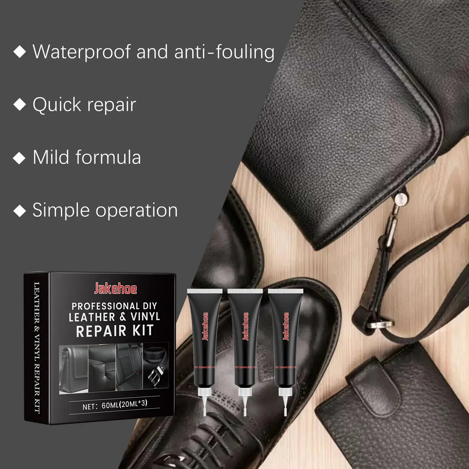 Car interior leather repair kit in black with Jakehoe box and repair tubes