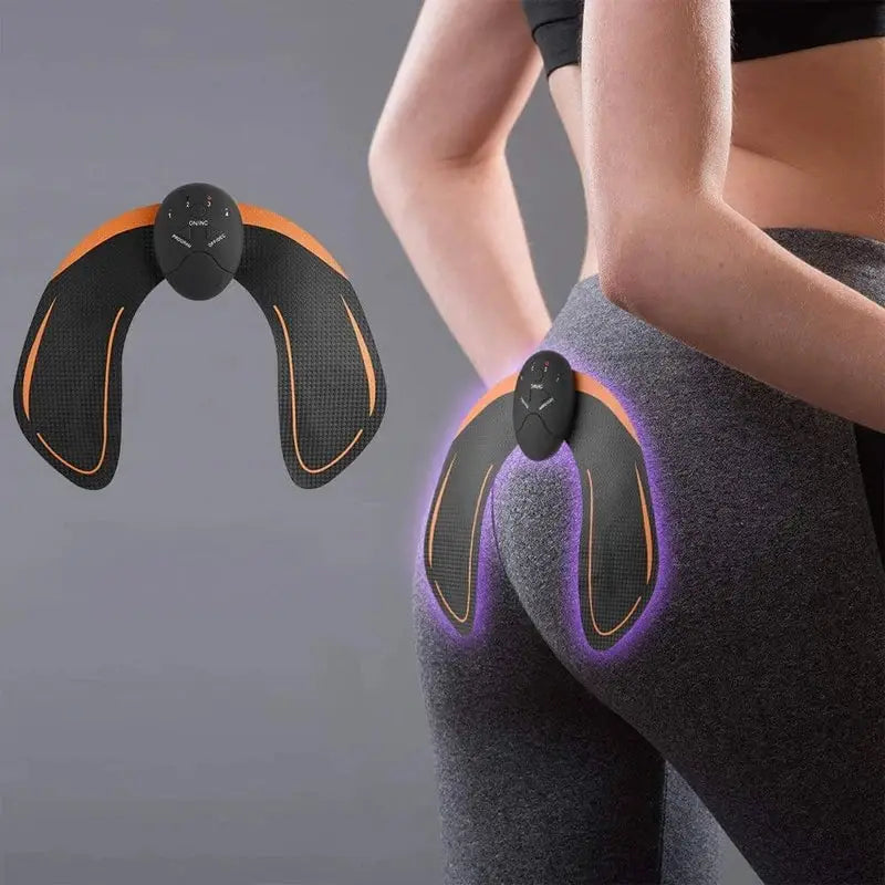 Simples Market wireless hip trainer massager; black with orange trim, two units shown, one worn on hip with purple glow.