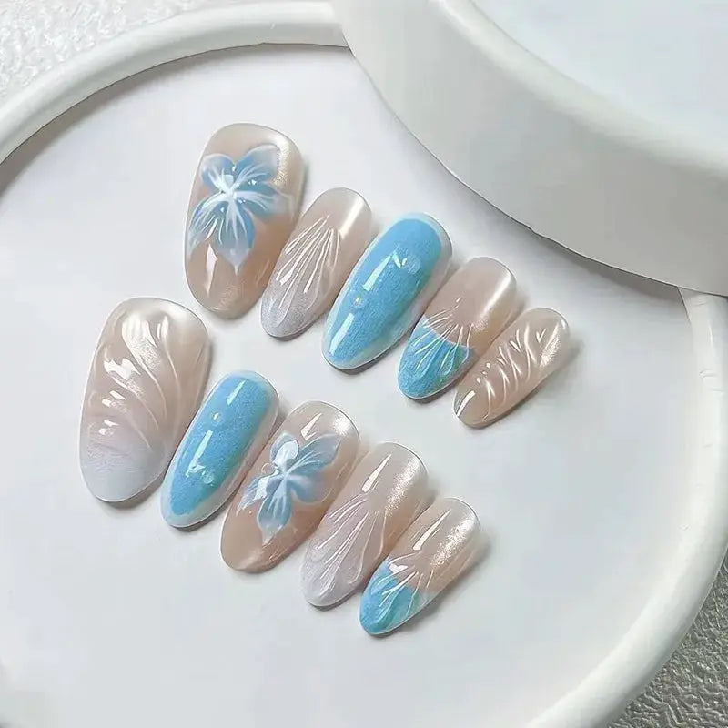GlamNail Pink Almond Press On Nails Full Coverage Carved Flower 3D Ripple French Tips Golden Pearl Finish