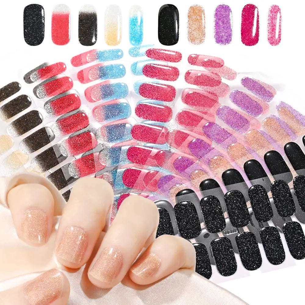 16-tip glitter French nail stickers set for full-cover UV gel wraps; black, pink, nude and blue glitter
