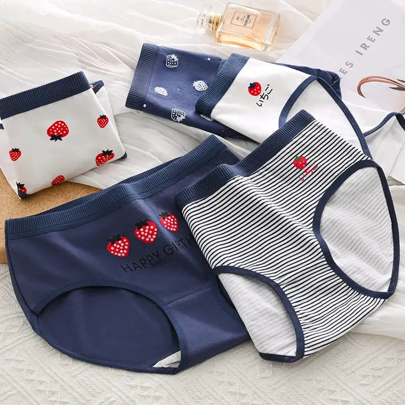 5-pack cotton women’s underwear set with strawberry prints in navy and striped white briefs