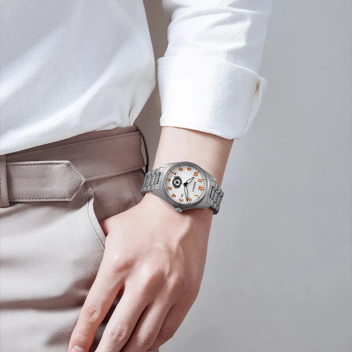 BERNY Full Titanium Automatic Men’s Watch with silver bracelet and orange numerals