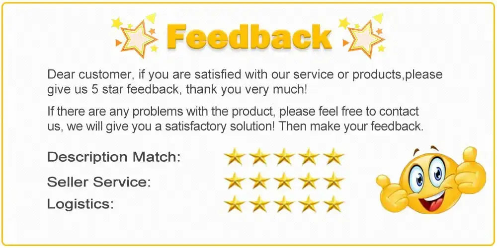 Feedback banner with star rating icons and a thumbs-up emoji.