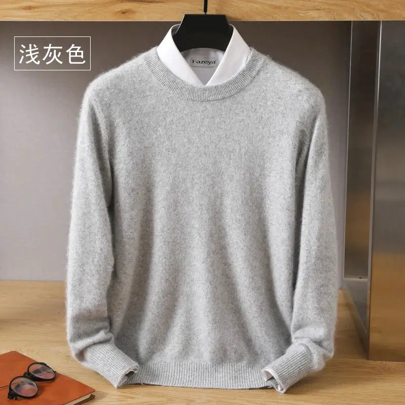 Men's light gray mink cashmere O-neck long-sleeve sweater by Simples Market