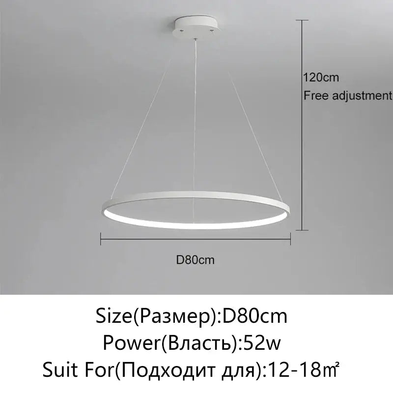 Simples Market modern round LED pendant light, white ring, 80cm diameter, adjustable 120cm drop.