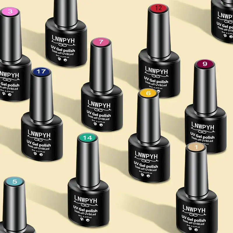 Gel nail polish kit LNWPYH by Simples Market; UV gel polish bottles with numbered caps in assorted colors