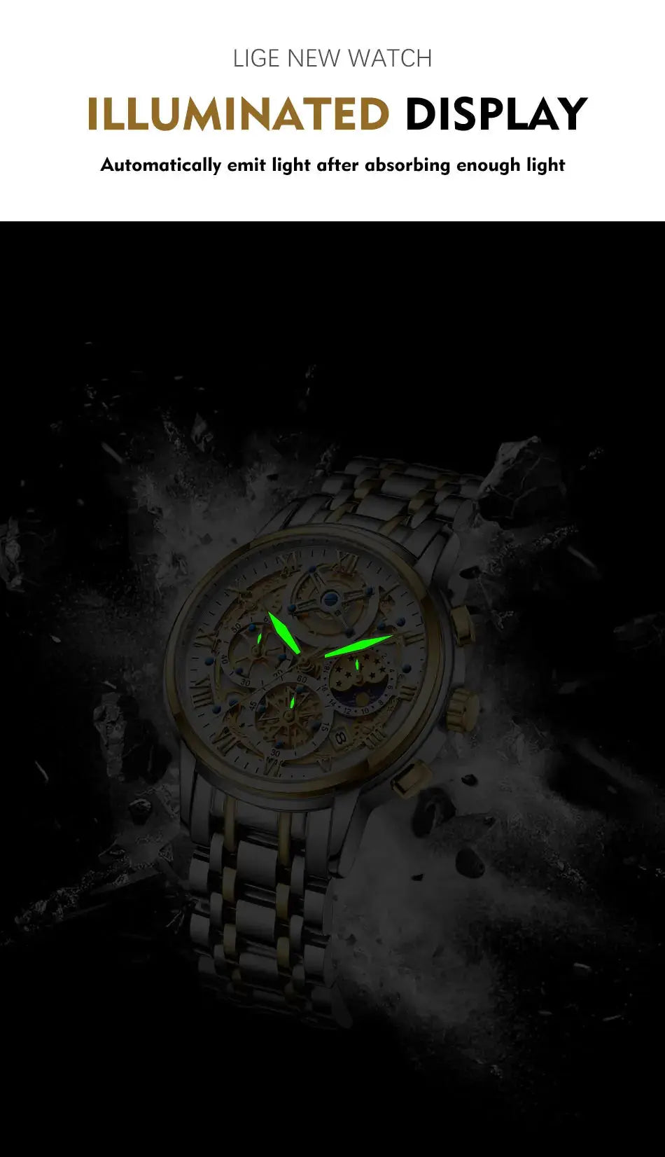 LIGE men's skeleton chronograph watch with two-tone silver and gold bracelet and luminous green hands