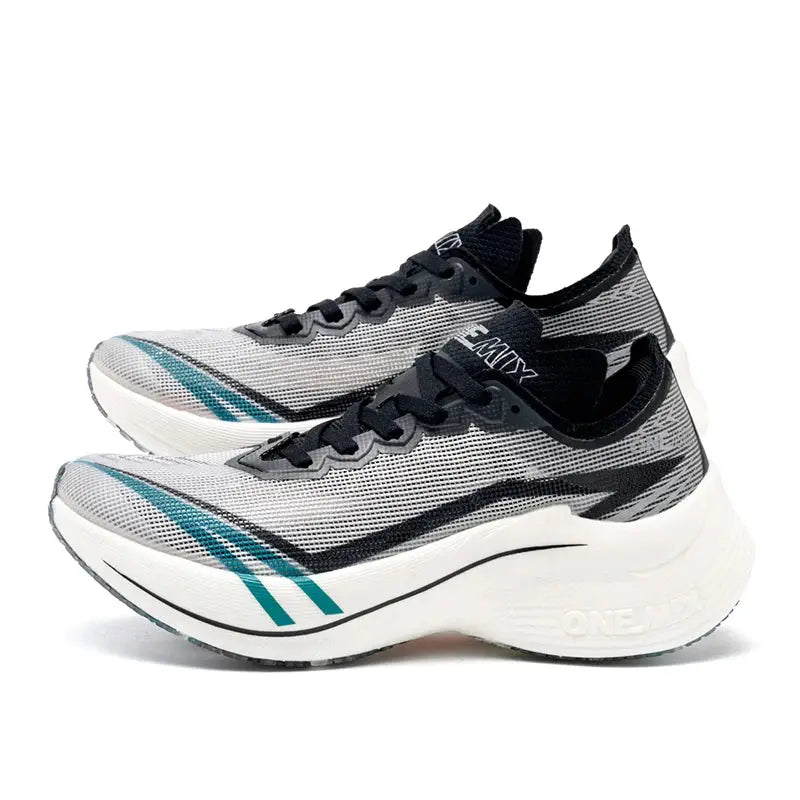 ONEMIX men's running shoes pair, gray mesh upper with teal accents and thick white midsole.