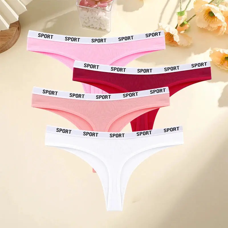Finetoo 4-pack women's cotton thongs in pink, burgundy, light pink and white with SPORT waistband