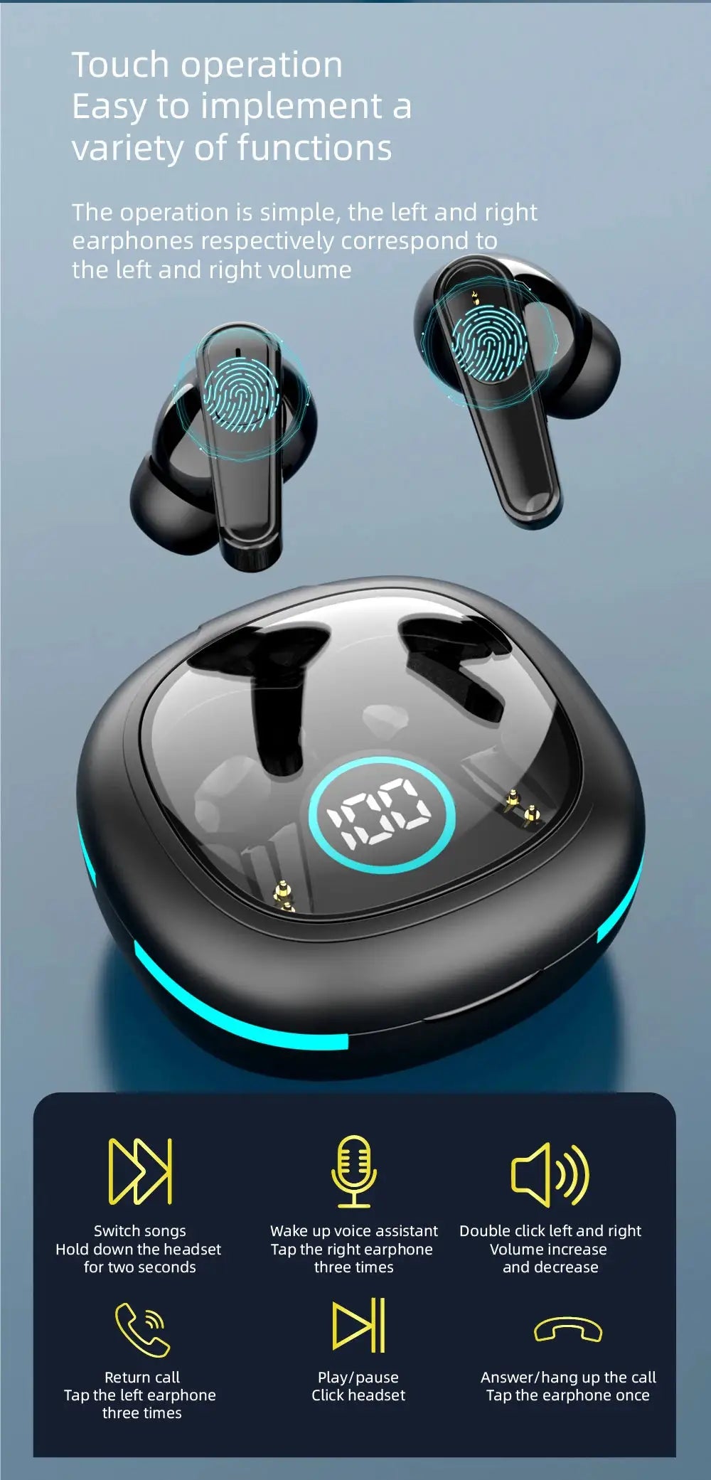 Plus50 ANC+ENC true wireless earbuds with LED display in black; includes charging case and 2 earbuds.