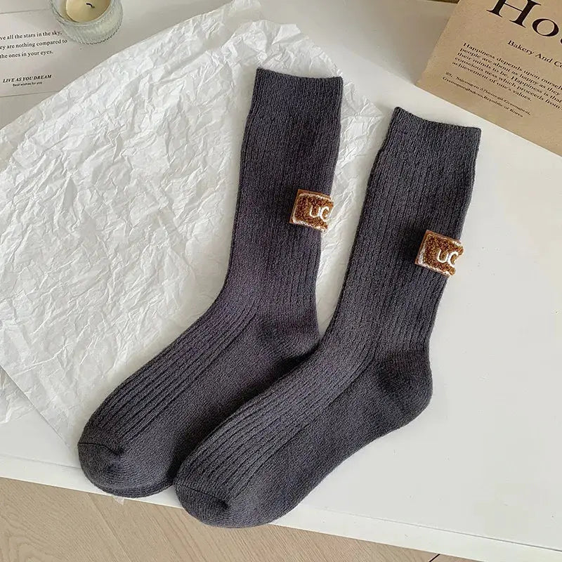 LuxWool Women Luxury Cashmere Wool Mid Calf Socks With Embroidered Logo For Snow Boots Thick Pile Warmth