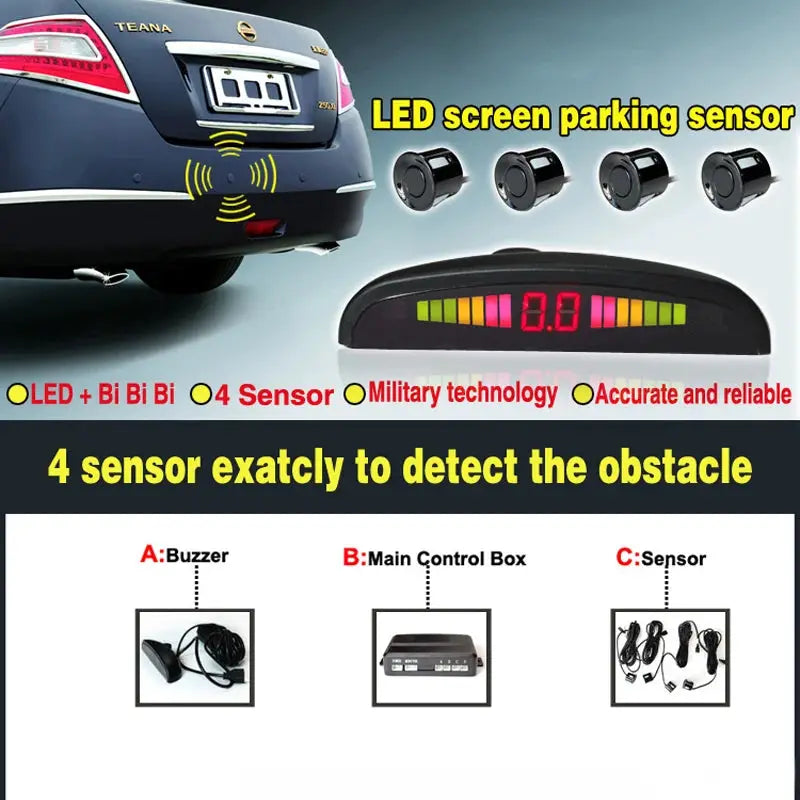 Car reverse radar kit by Simples Market with 4 parking sensors, LED distance display and audible warning