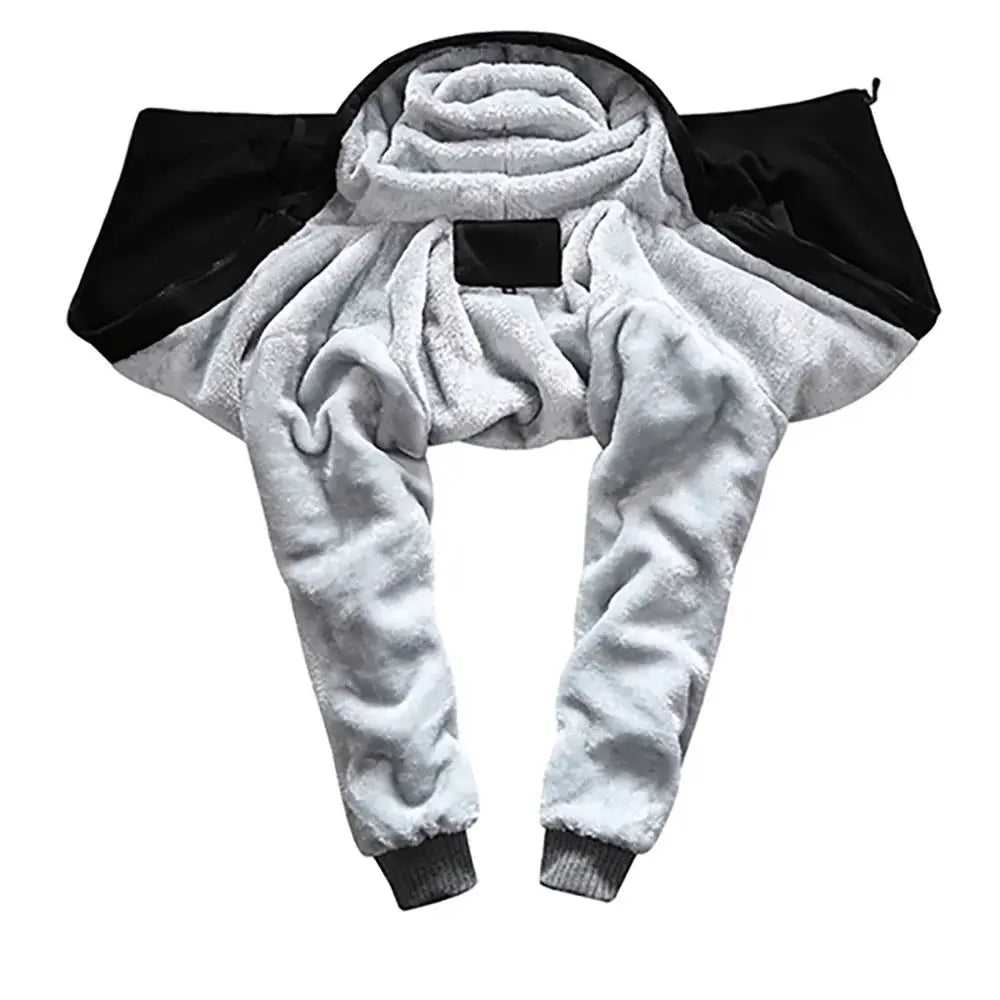 Men's gray fleece-lined hooded winter jacket with black panels, zip closure and long sleeves