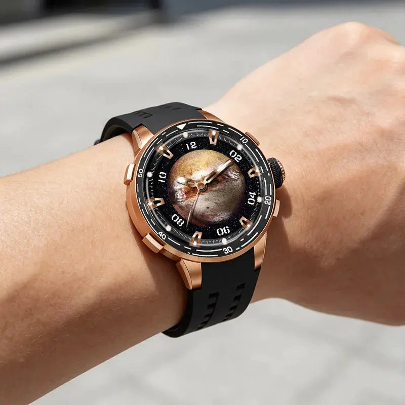 PINDU men's watch with rose-gold case, black silicone strap, planet Earth dial and luminous hands