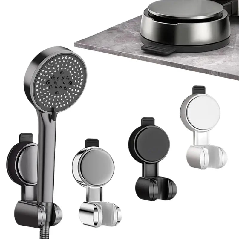 Simples Market universal suction cup shower head holder; punch-free, 360° adjustable wall-mount, four color finishes.