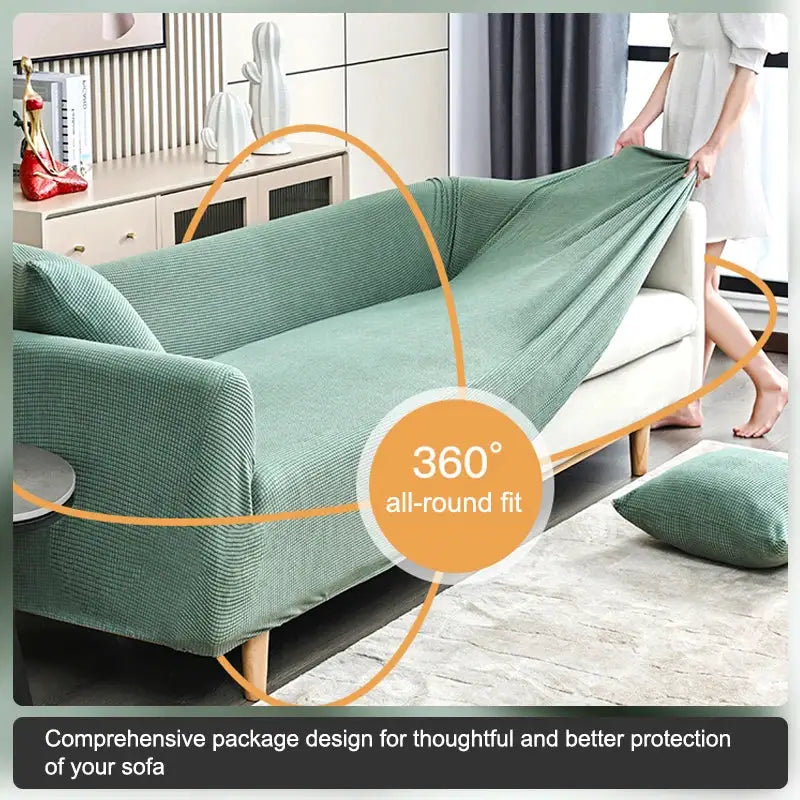 Elastic jacquard sofa cover in green, 360° all-round fit for living room sofa, protects furniture.