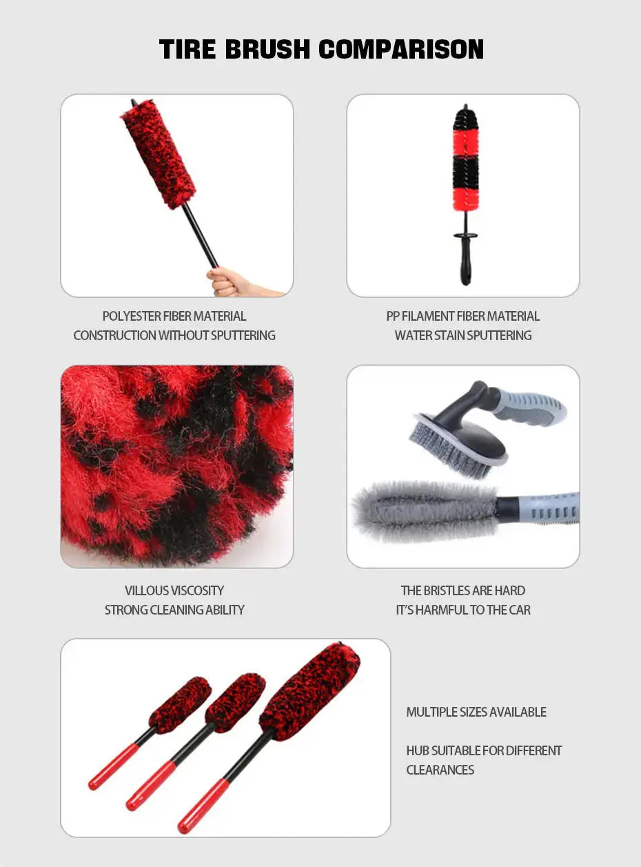 SEAMETAL car detailing brush set Simples Market; bendable woolies with red and black bristles in multiple sizes