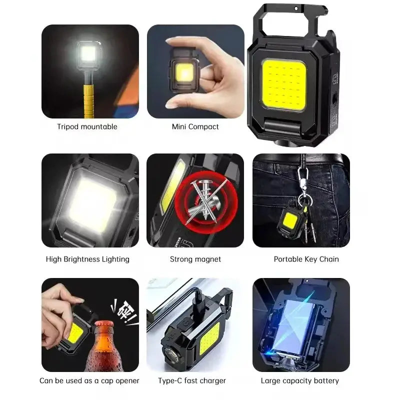 Simples Market mini keychain flashlight with COB LED, USB rechargeable, 90° foldable side lights, portable lantern