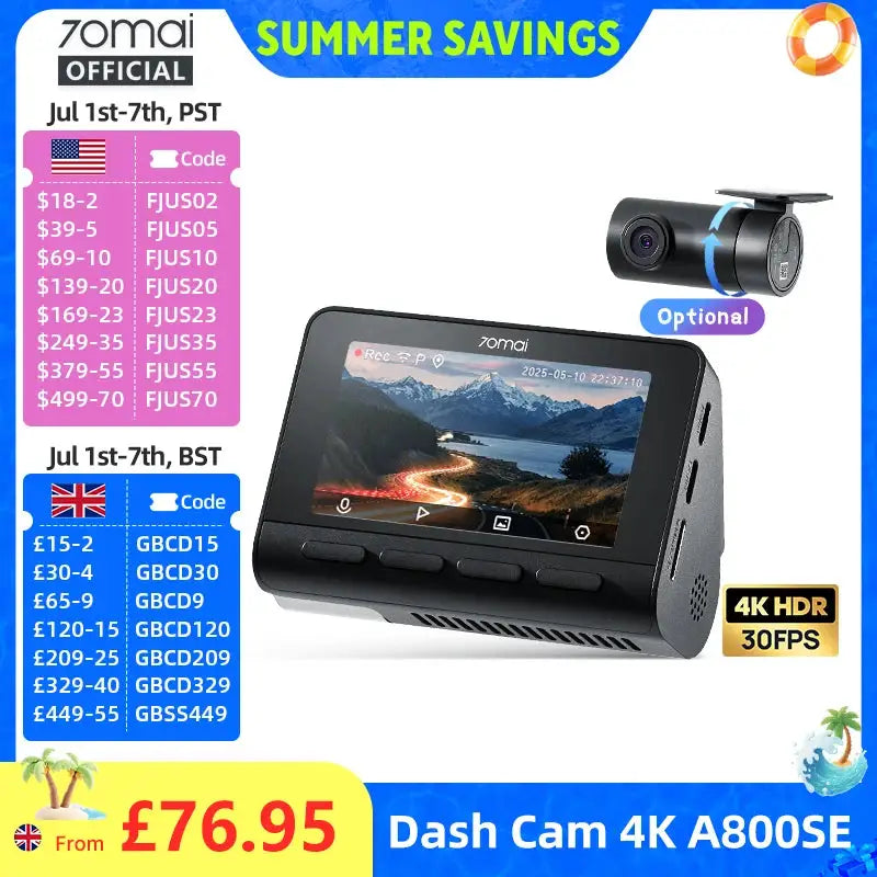 Dash Cam A800SE 4K by 70mai, black with touchscreen display and optional camera