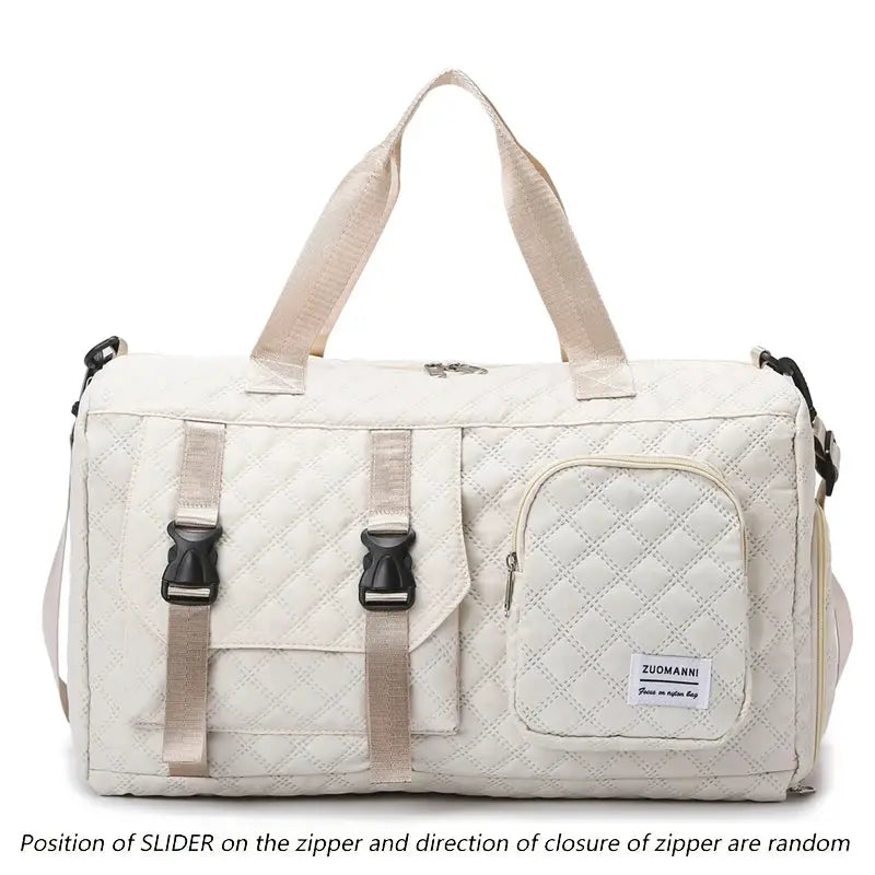 Durable nylon travel duffle bag by Simples Market, quilted beige argyle pattern with top handles and front pockets