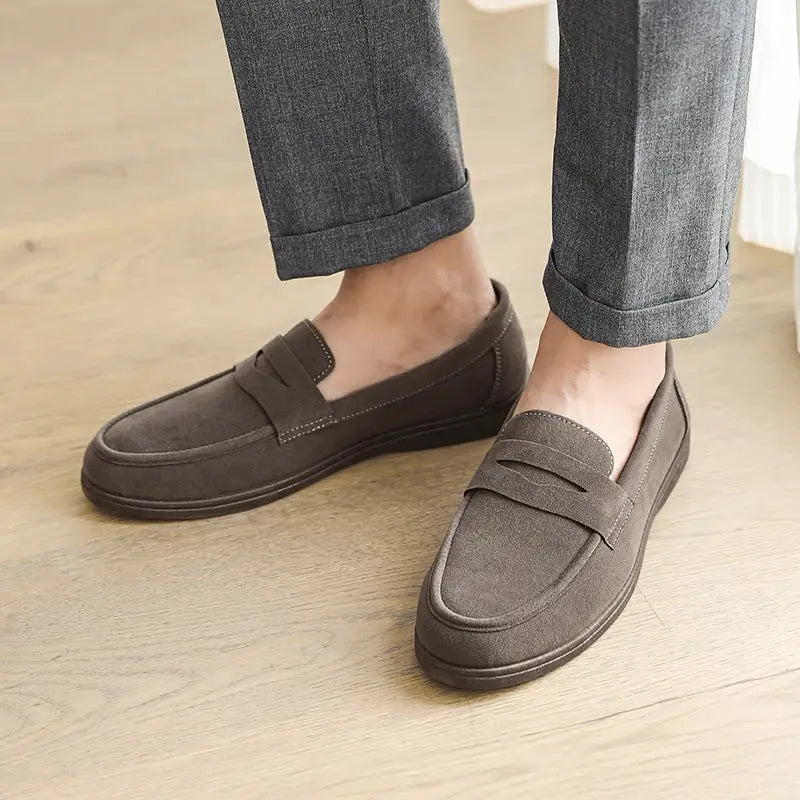 Men's taupe suede slip-on loafers with penny strap; casual lightweight walking shoes