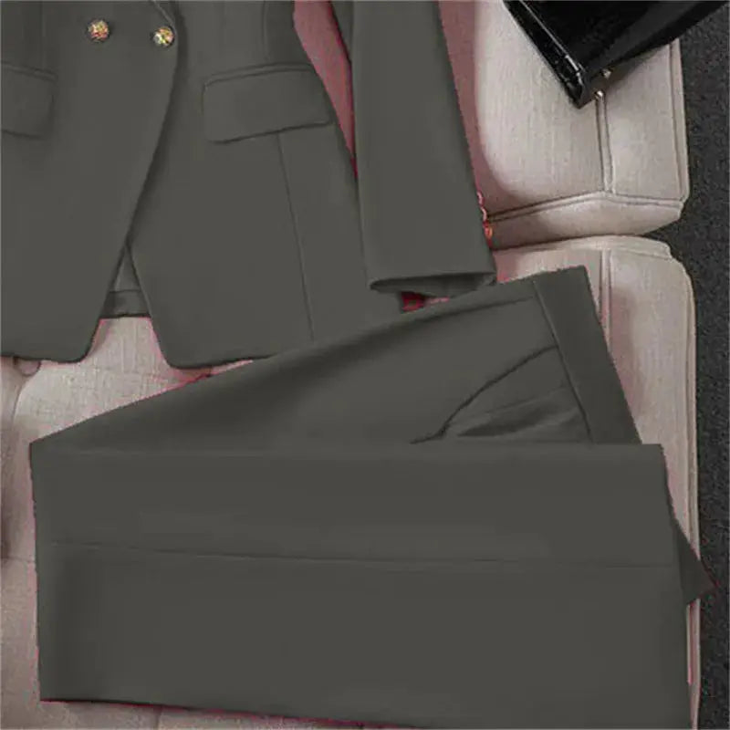Casual long-sleeve blazer and pants two-piece set for women, charcoal gray office suit by Simples Market