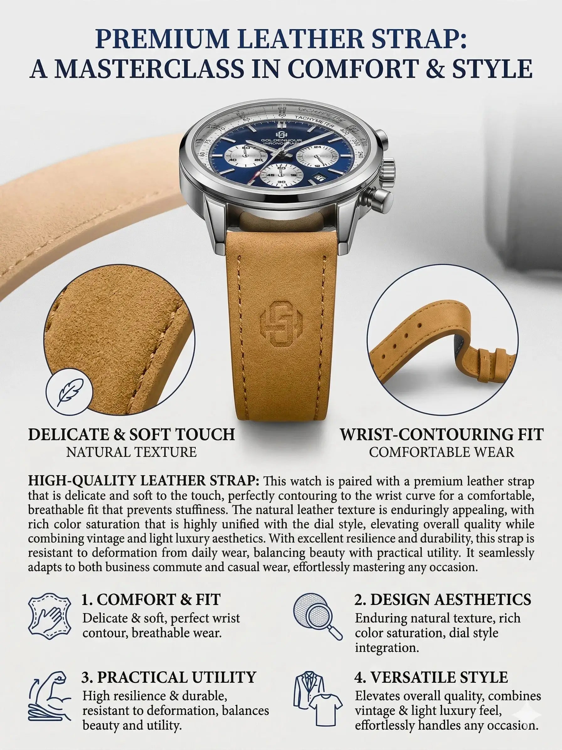 Men's luxury watch GOLDENHOUR with blue chronograph dial, tan leather strap, stainless steel case