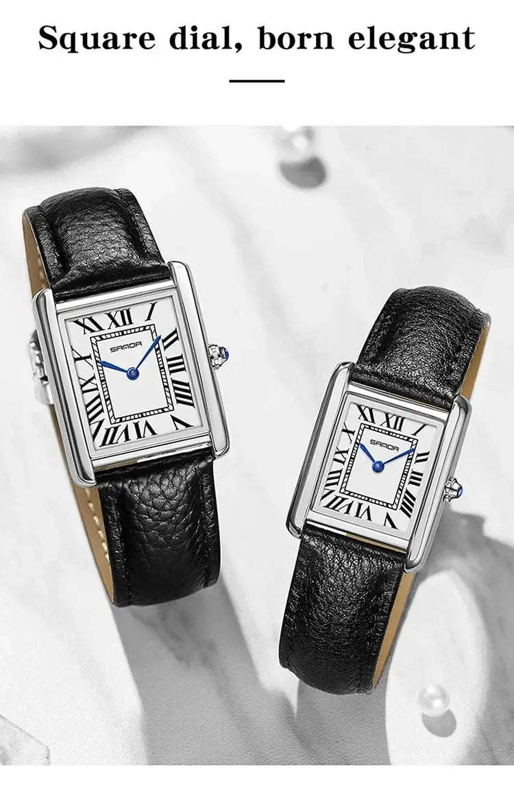 SANDA square-dial luxury couple watches for him and her, black leather straps, silver-tone cases, blue hands