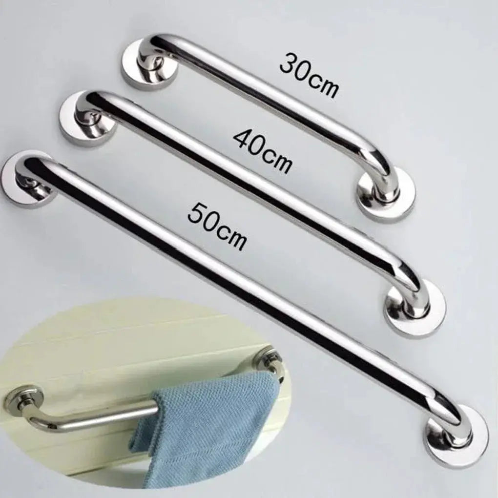 Stainless steel bathroom grab bars set of three (30/40/50 cm) with circular wall mounts; towel rack included.
