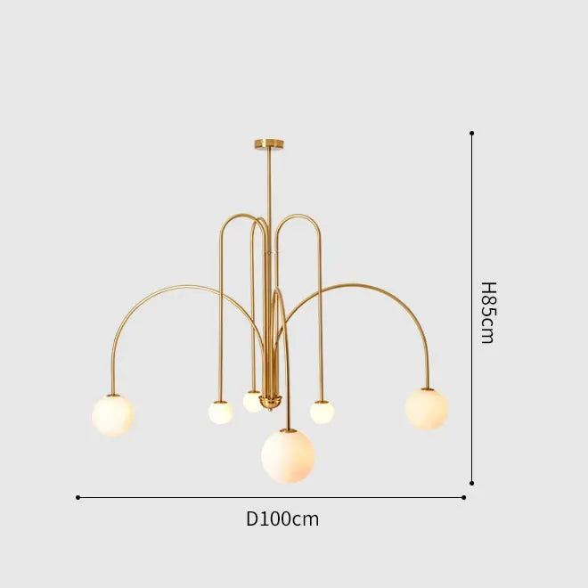 Nordic minimalist pendant light with brass finish and globe glass shades, multi-arm chandelier (D100cm × H85cm)