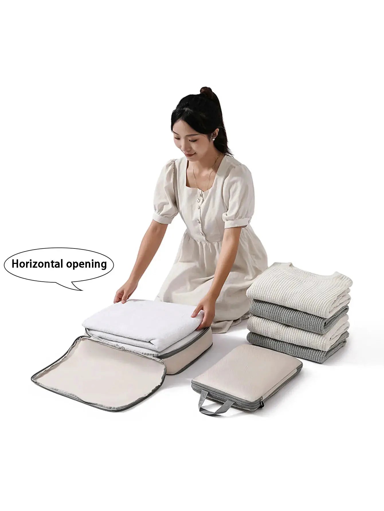 4pc packing cubes set for travel by Simples Market; light gray, waterproof, horizontal-opening organizers