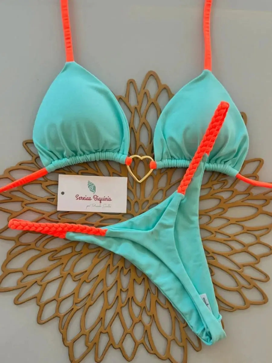 Simples Market turquoise micro bikini set with neon orange halter straps and braided side thong