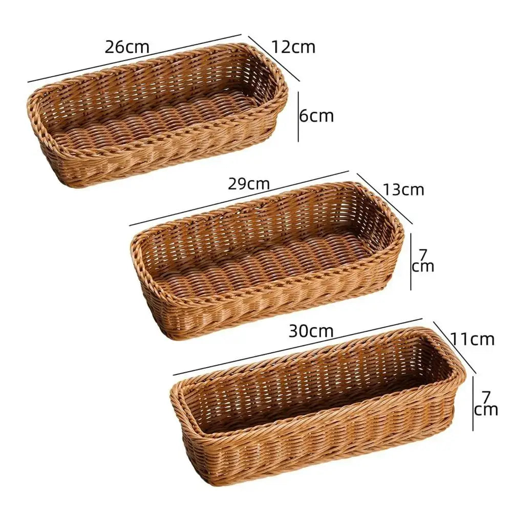 Imitation rattan storage baskets by Simples Market; three brown rectangular faux wicker trays