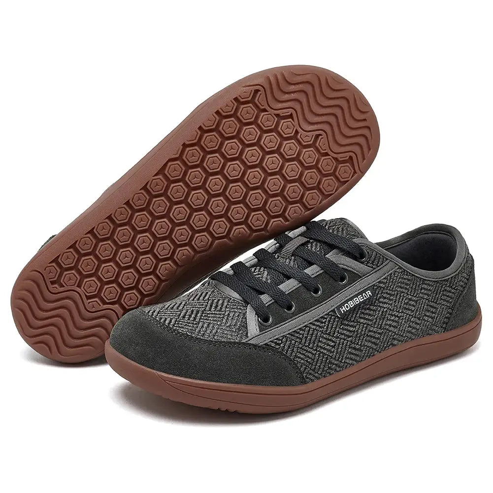 HOBIBEAR barefoot sneakers with gray fabric upper, black laces, and brown outsole