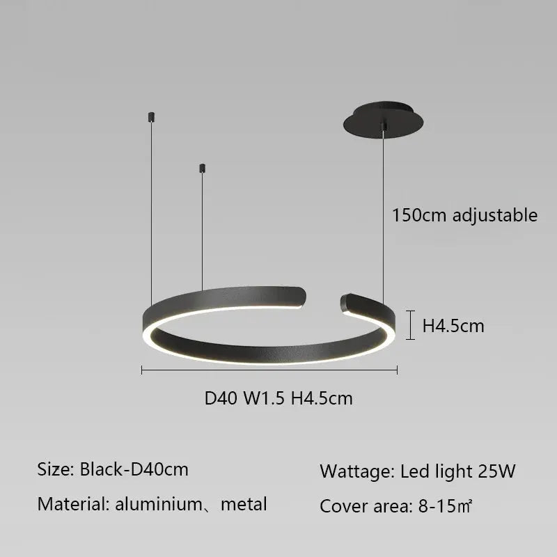 Ring ceiling chandelier LED pendant lamp in black with aluminum ring by Simples Market, 150cm adjustable height