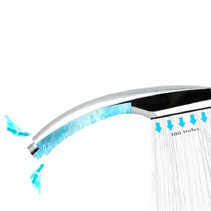 Simples Market handheld square shower head in brushed chrome with 300-hole rainfall spray and water-saving design