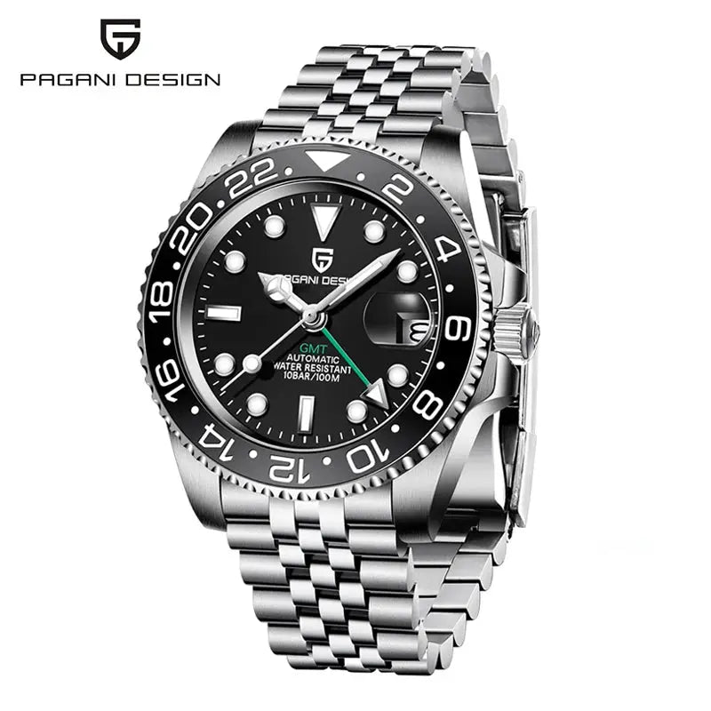 PAGANI DESIGN 40mm GMT automatic stainless steel men's watch with black dial and steel bracelet
