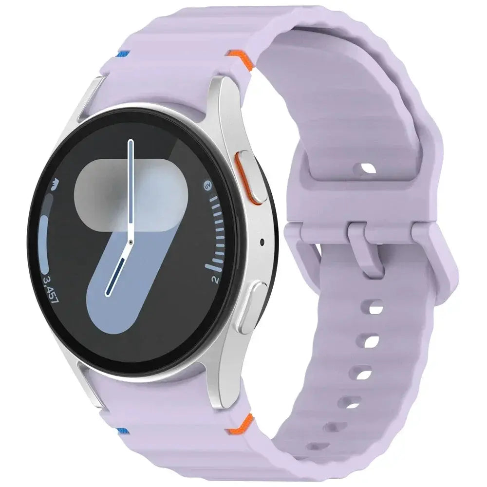 Original silicone watch strap for Samsung Galaxy Watch 7/FE/5 Pro/6/4 Classic, lavender with blue/orange stitch accents