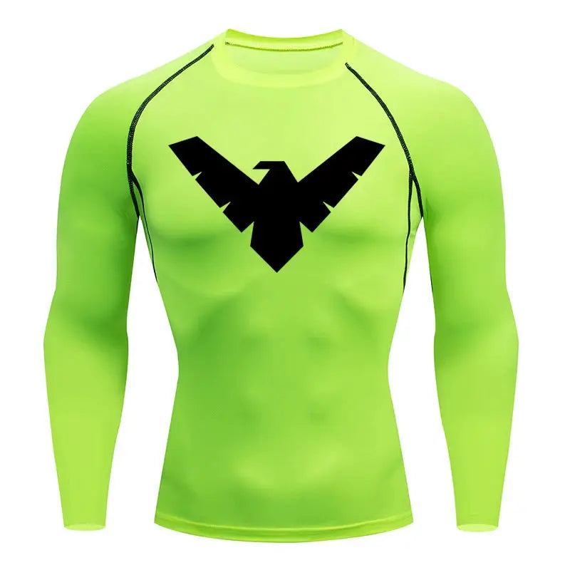 Men's neon lime long-sleeve compression shirt with black chest logo.