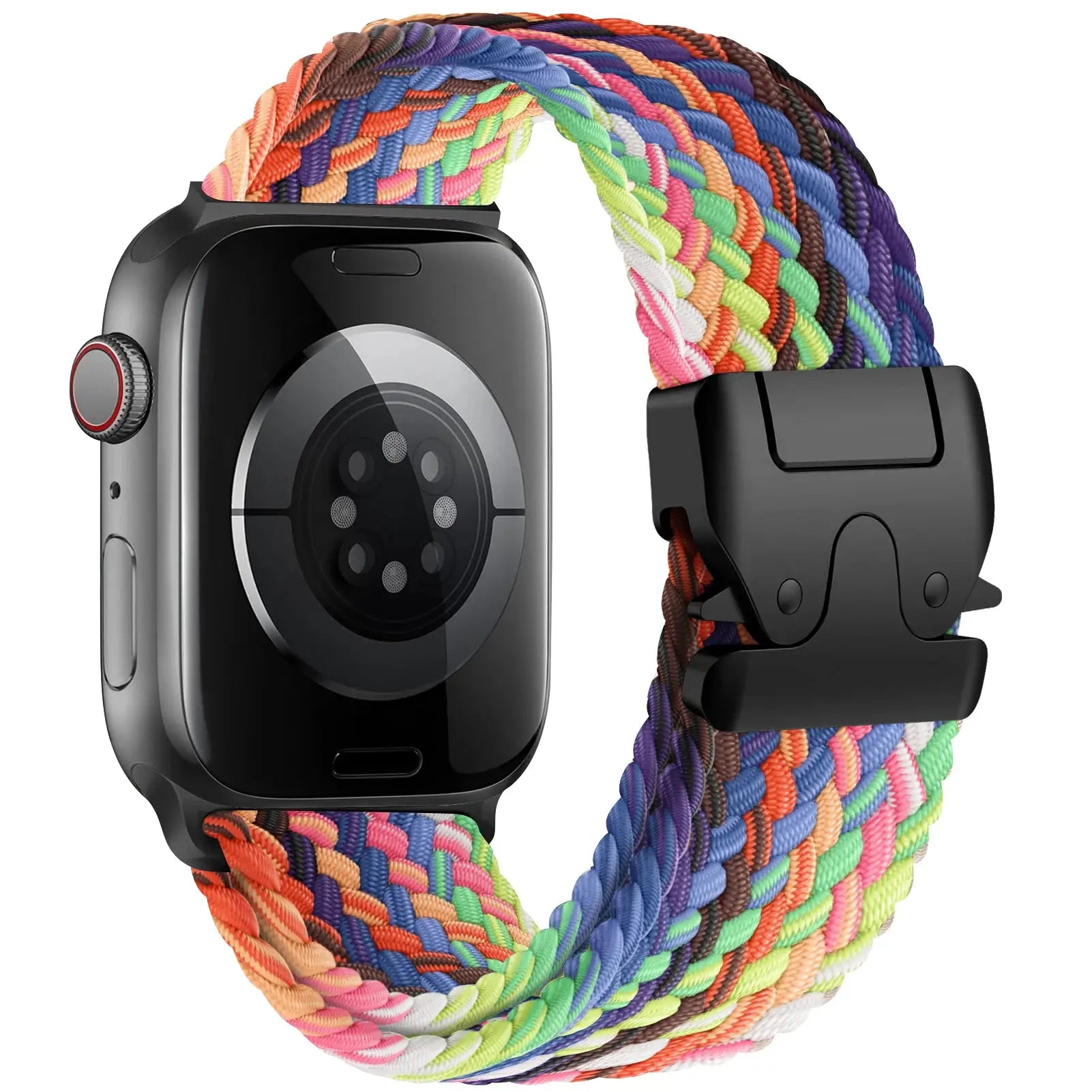 Parachute braided Apple Watch strap by Simples Market, rainbow nylon band for 41–49mm models