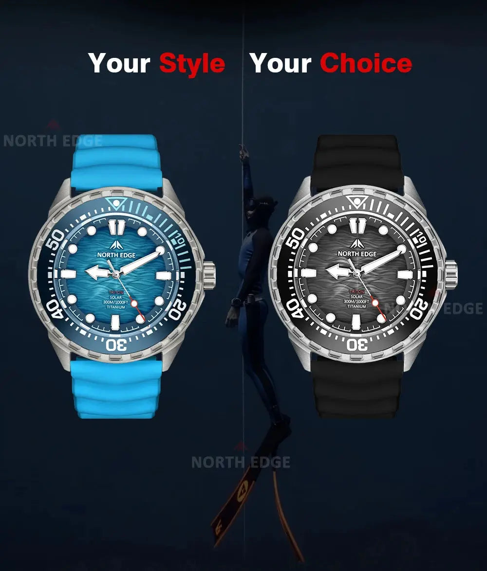 North Edge Triton-TI diving watches set of 2, titanium case, solar-powered, 300m water resistant, blue and black straps.