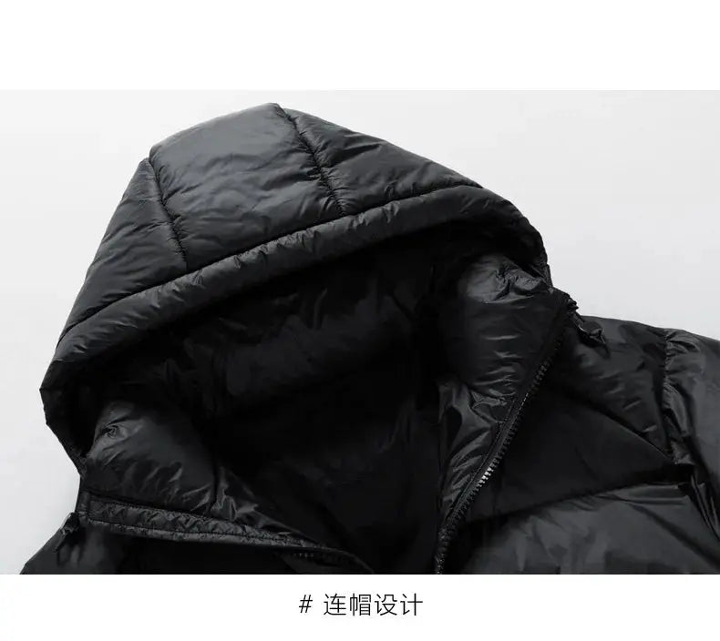 Simples Market black hooded men's down coat with 90% white duck down, warm puffer jacket