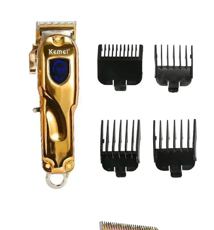 Hair clipper Kemei KM-TX1 with gold metal body, rechargeable, includes 4 guide combs