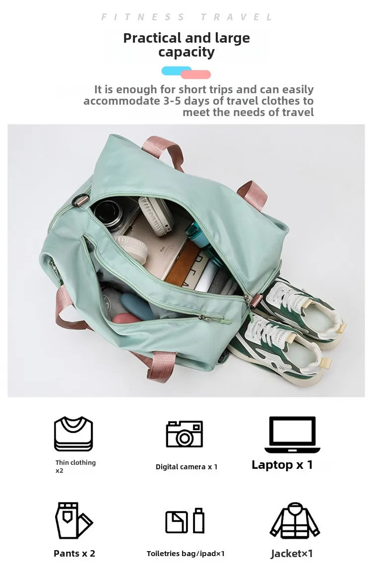 Fitness bag by Simples Market in mint green with pink straps; large-capacity travel bag with dry-wet separation.