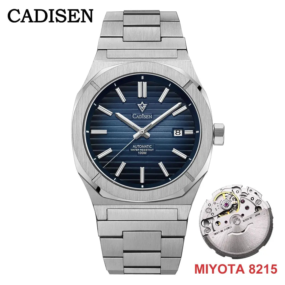CADISEN diver watch with blue dial, stainless steel bracelet, automatic Miyota 8215 movement, 100M water resistant