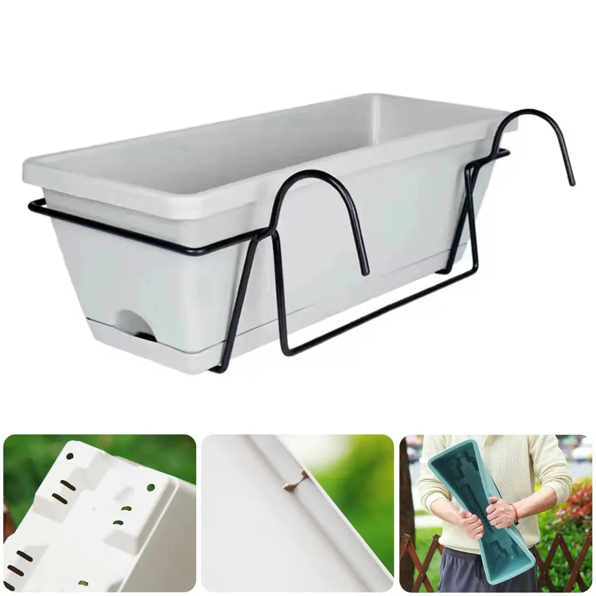 Balcony planter set, rectangular white plastic trough with tray and black metal rack by Simples Market