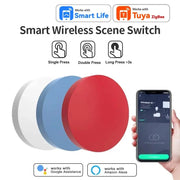 Zigbee Smart Wireless Scene Switches; four round buttons (white, blue, red); Simples Market; works with Smart Life/Tuya, Google Assistant, Alexa.