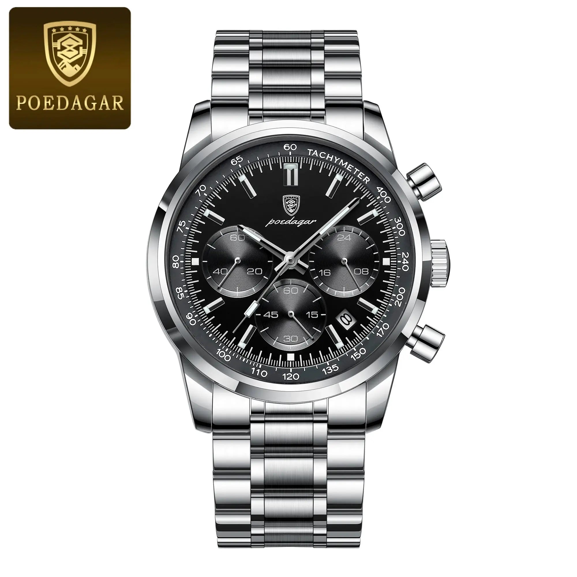 POEDAGAR men's luxury stainless steel chronograph watch with black dial and tachymeter bezel